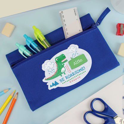 Personalised 'Be Roarsome' Dinosaur Blue Pencil Case from Heartfelt Gifts