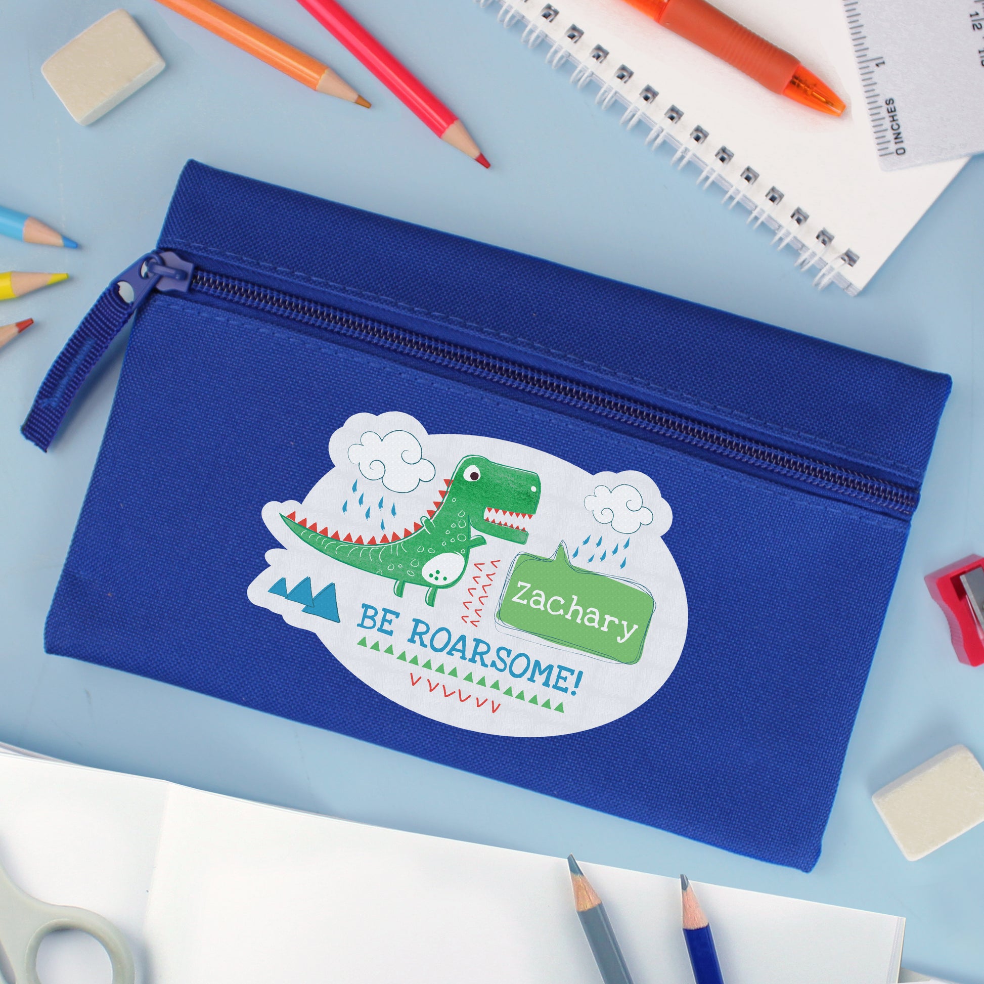 Personalised 'Be Roarsome' Dinosaur Blue Pencil Case - image 3