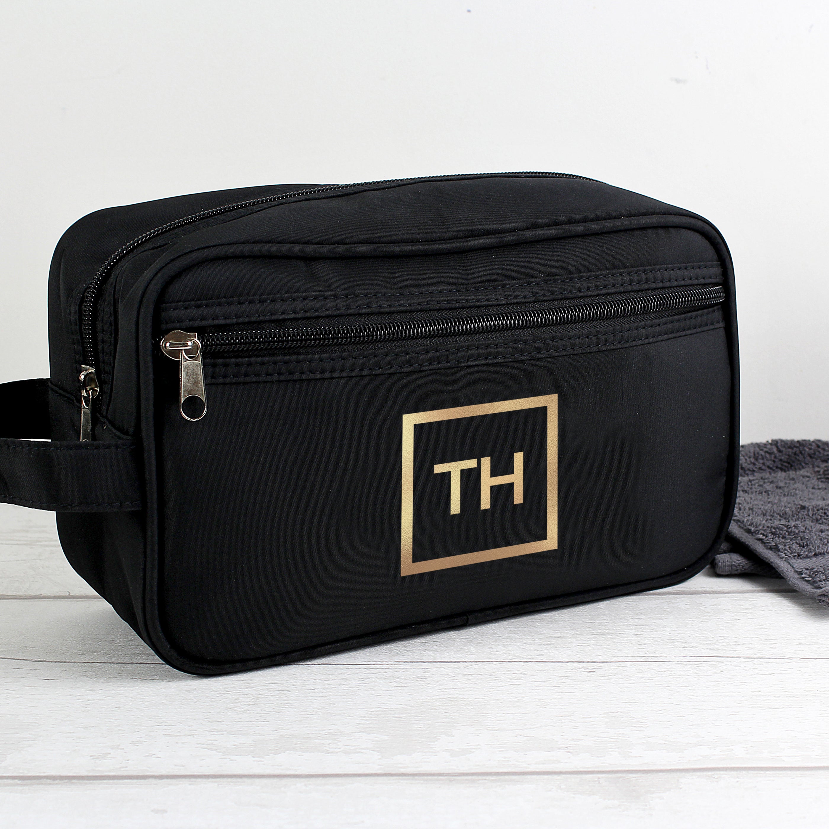 Personalised Gold Initials Black Toiletry Bag from Heartfelt Gifts