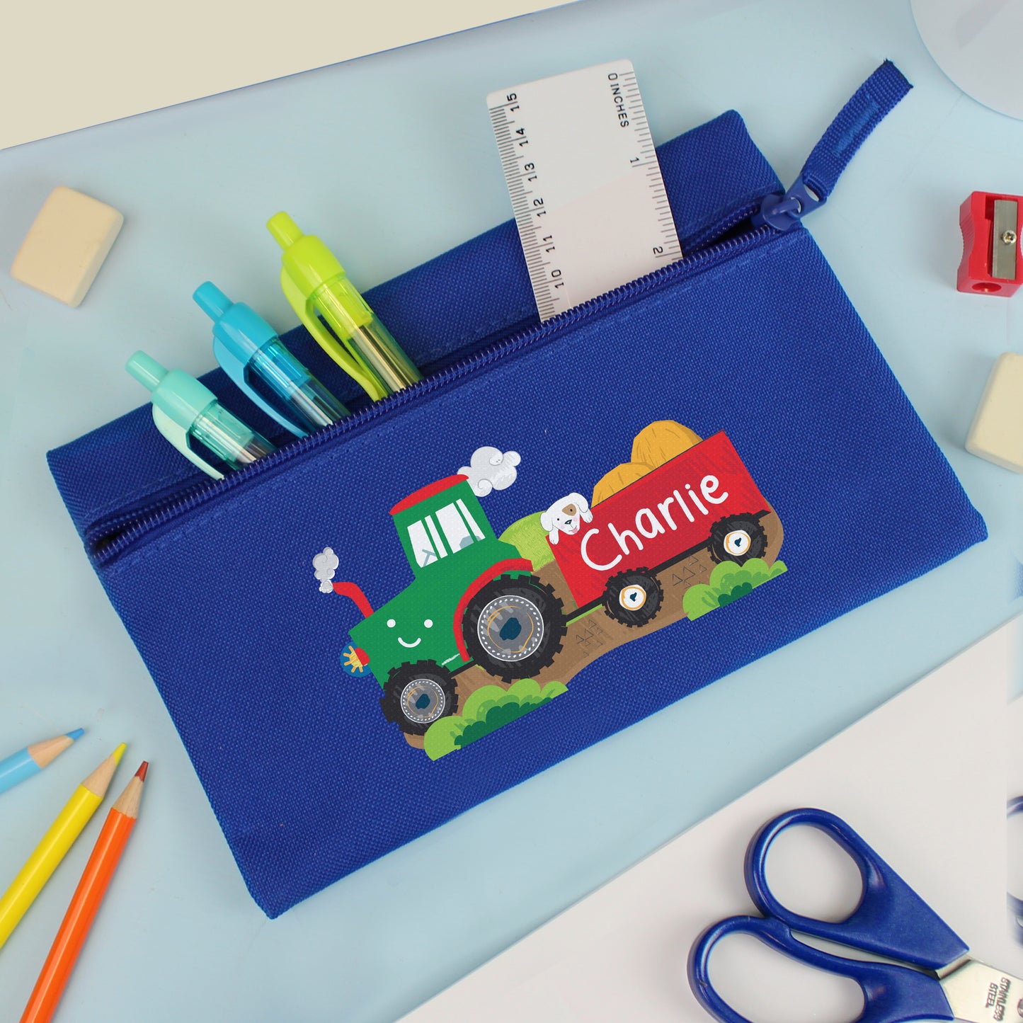 Personalised Tractor Blue Pencil Case from Heartfelt Gifts