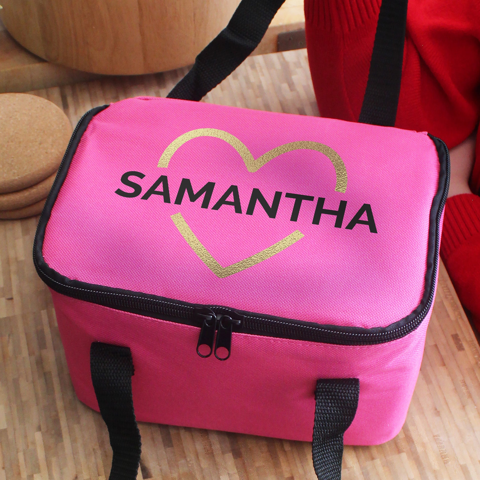 Personalised Gold Heart Pink Lunch Bag from Heartfelt Gifts