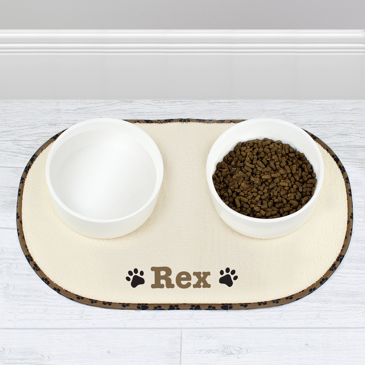 Personalised Brown Microfibre Paw Print Pet Bowl Mat from Heartfelt Gifts