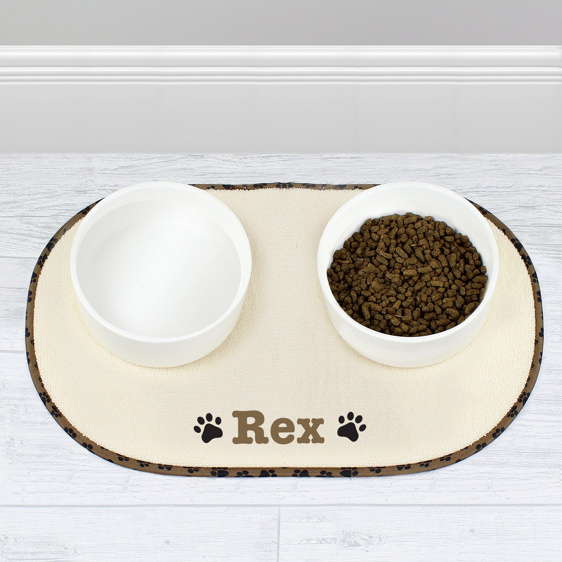 Personalised Brown Microfibre Paw Print Pet Bowl Mat from Heartfelt Gifts