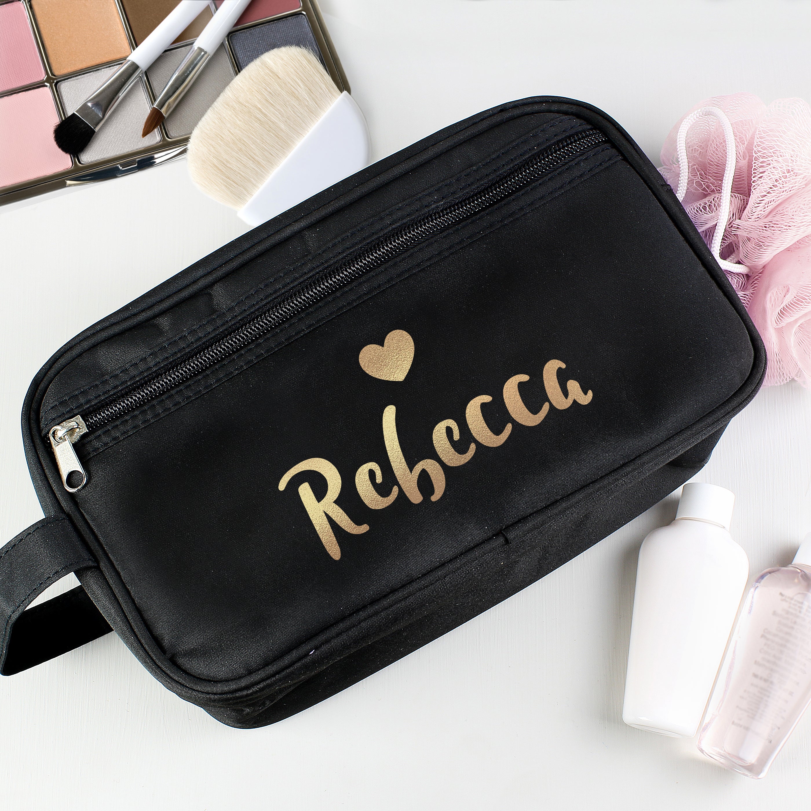Personalised Gold Name Black Toiletry Bag from Heartfelt Gifts