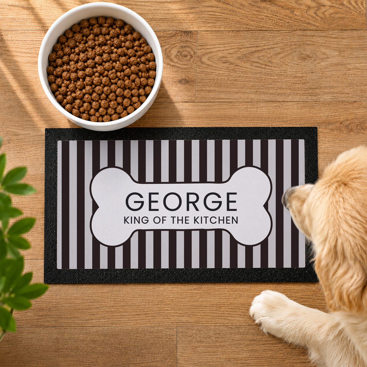 Personalised Black Stripe Pet Bowl Mat from Heartfelt Gifts
