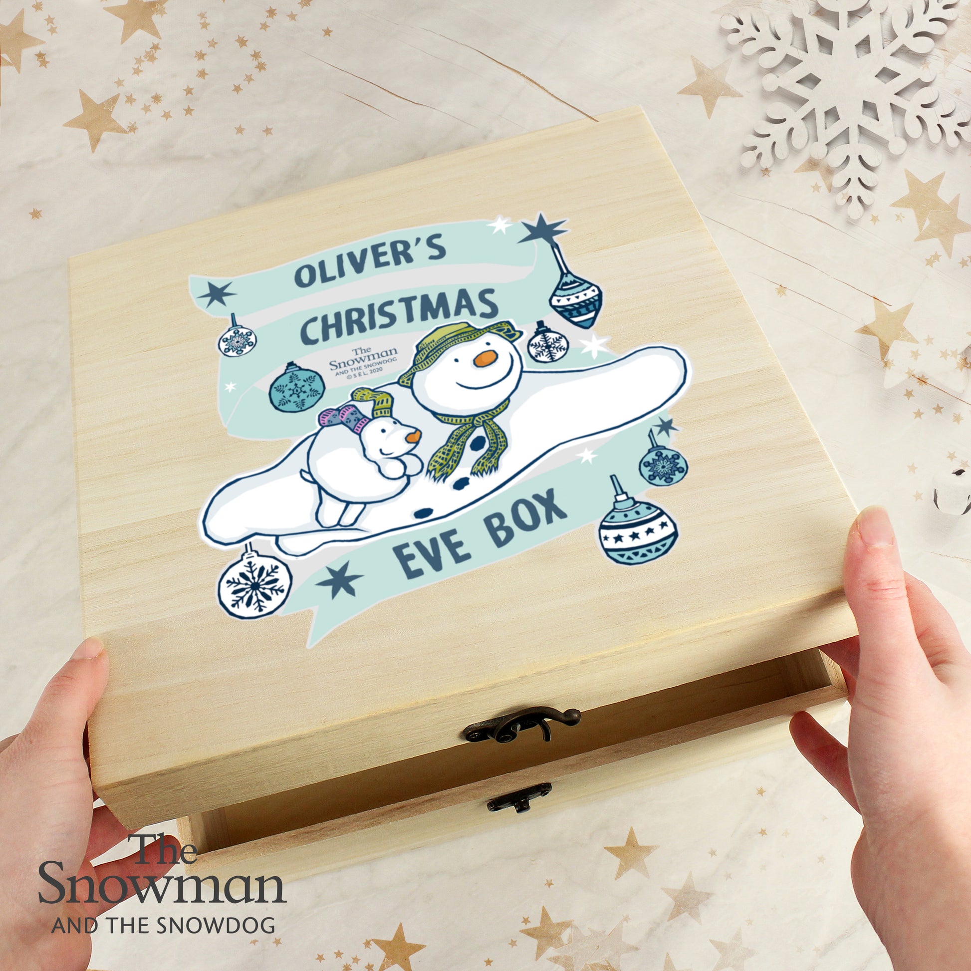 Personalised The Snowman and the Snowdog Large Wooden Christmas Eve Box from Heartfelt Gifts