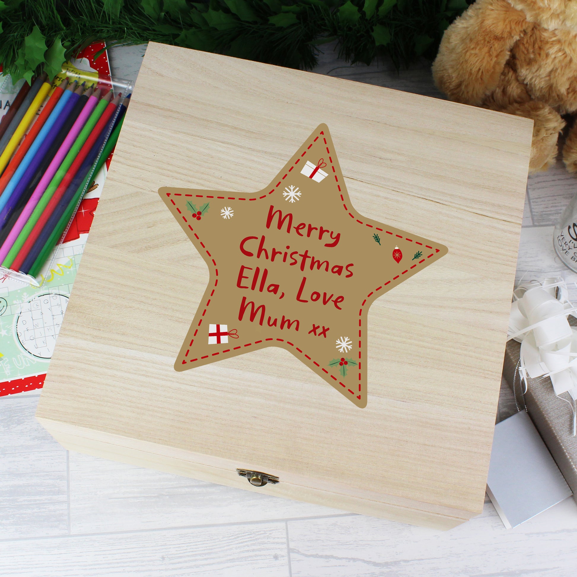 Personalised Christmas Star Large Wooden Keepsake Box from Heartfelt Gifts