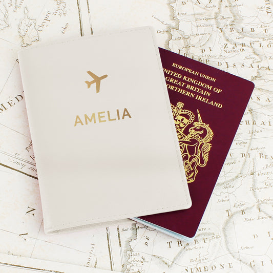 Personalised Gold Name Cream Passport Holder from Heartfelt Gifts