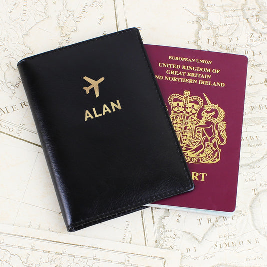 Personalised Gold Name Black Passport Holder from Heartfelt Gifts