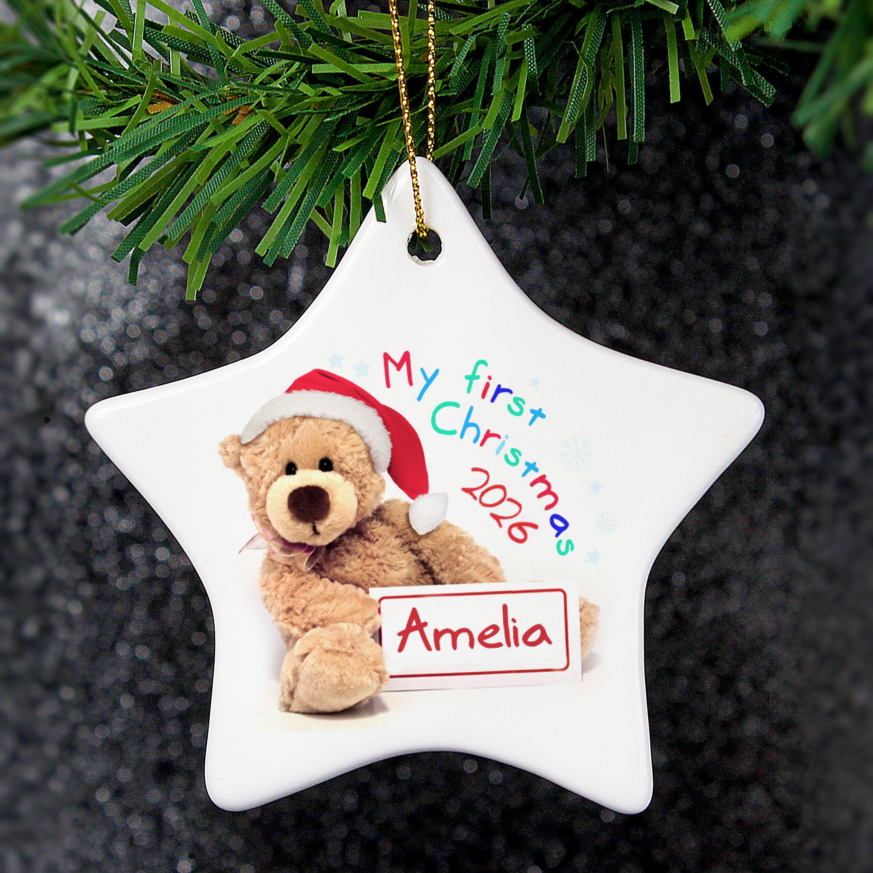 Personalised My First Christmas Teddy Ceramic Star Decoration from Heartfelt Gifts