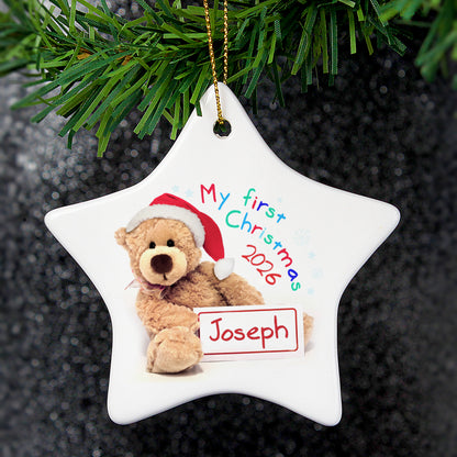Personalised My First Christmas Teddy Ceramic Star Decoration - image 2