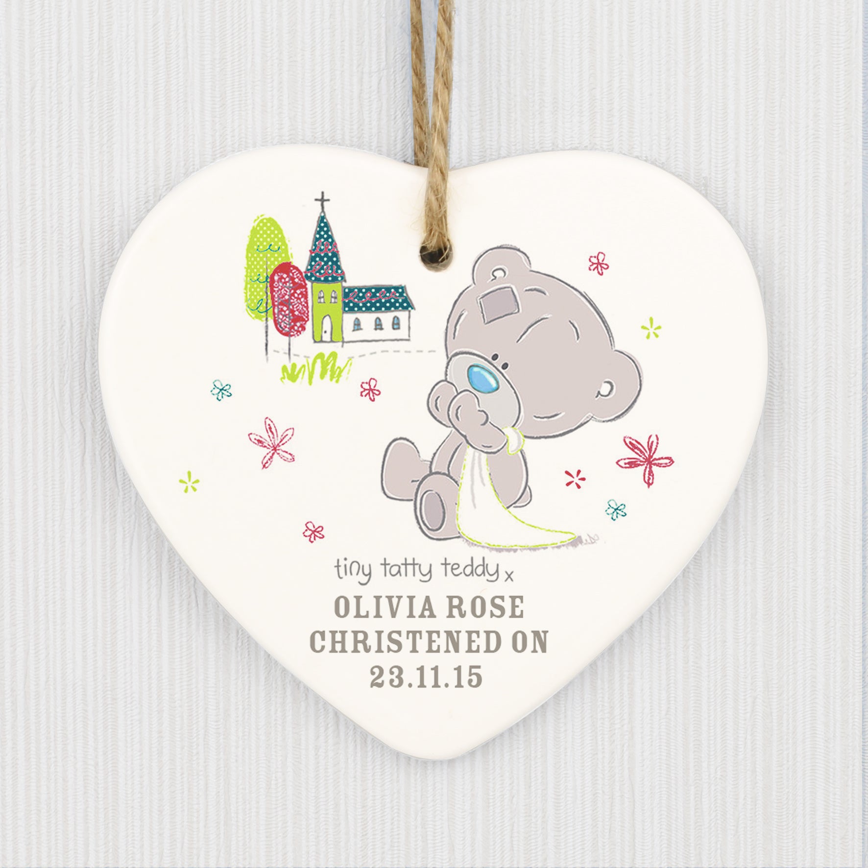 Personalised Tiny Tatty Teddy Christening Ceramic Heart Decoration from Heartfelt Gifts