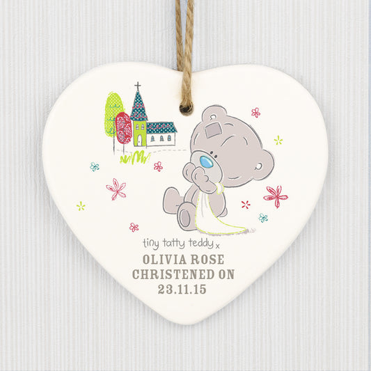 Personalised Tiny Tatty Teddy Christening Ceramic Heart Decoration from Heartfelt Gifts