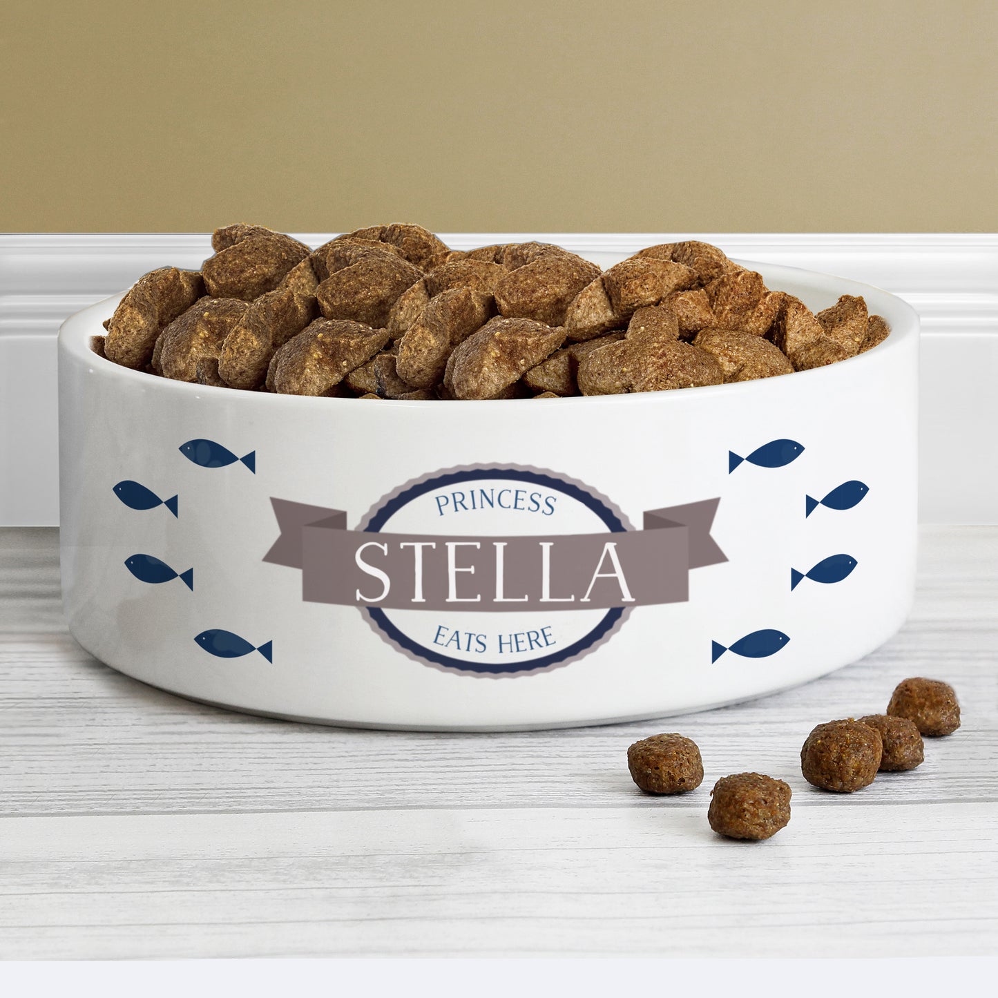 Personalised Blue Fish 15cm Medium White Pet Bowl from Heartfelt Gifts