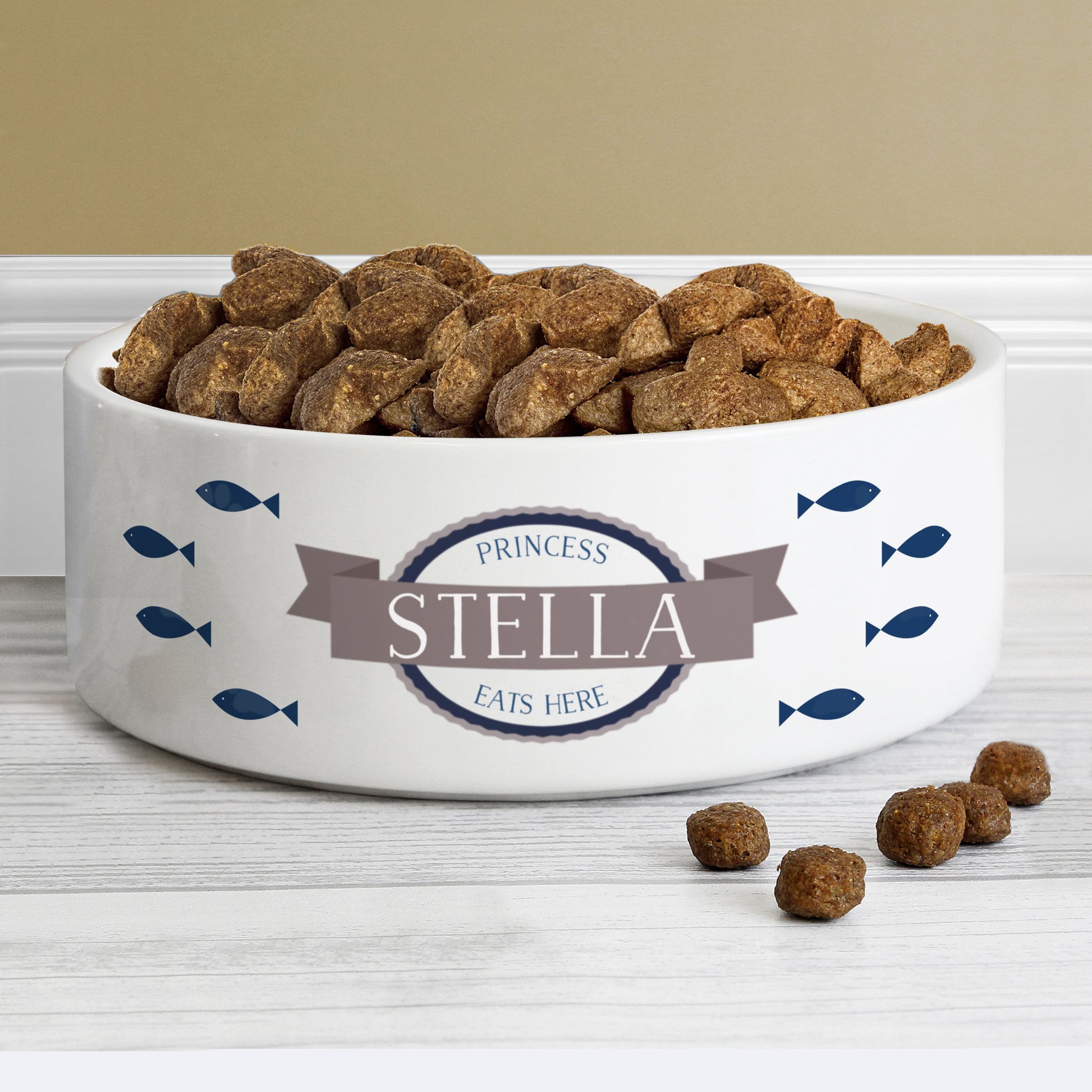 Personalised Blue Fish 15cm Medium White Pet Bowl from Heartfelt Gifts