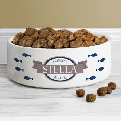 Personalised Blue Fish 15cm Medium White Pet Bowl from Heartfelt Gifts