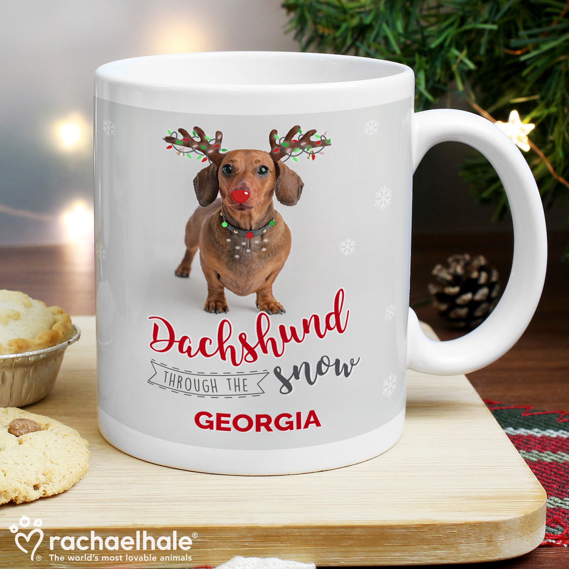 Personalised Rachael Hale Christmas Dachshund Through the Snow Mug from Heartfelt Gifts