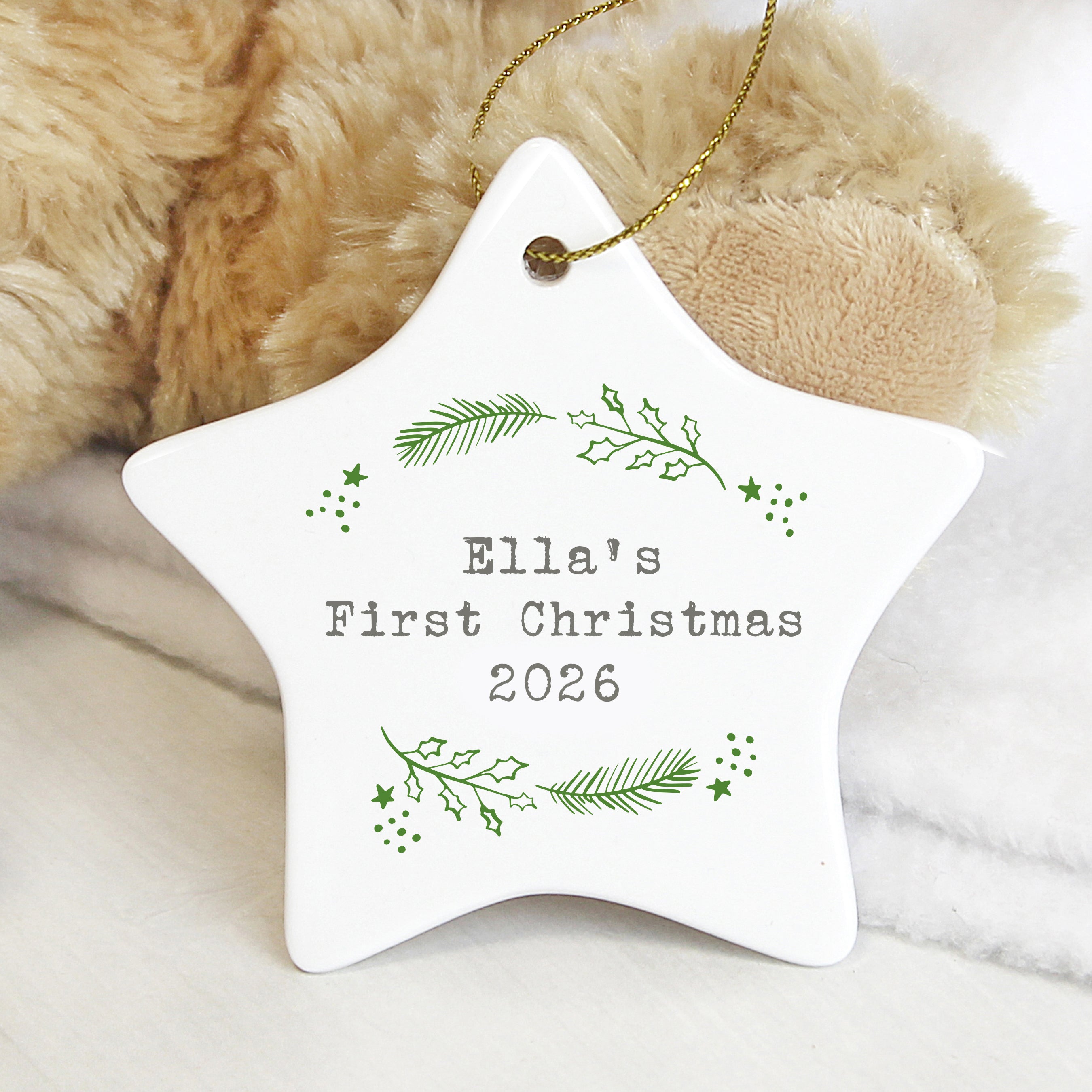 Personalised Christmas Holly Ceramic Star Decoration from Heartfelt Gifts