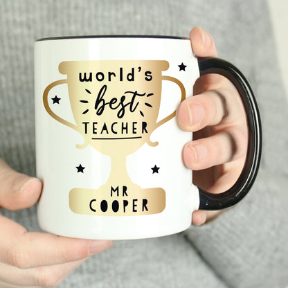 Personalised World's Best Teacher Trophy Black Handled Mug from Heartfelt Gifts
