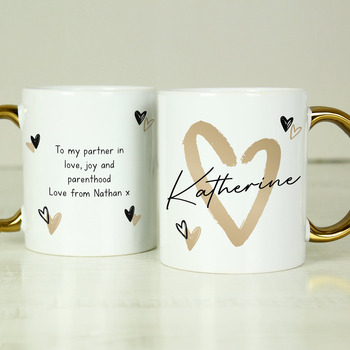 Personalised Hearts Gold Handled Mug from Heartfelt Gifts