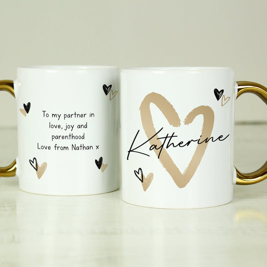 Personalised Hearts Gold Handled Mug from Heartfelt Gifts