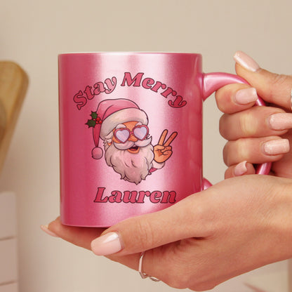 Personalised Stay Merry Santa Pink Mug - image 2