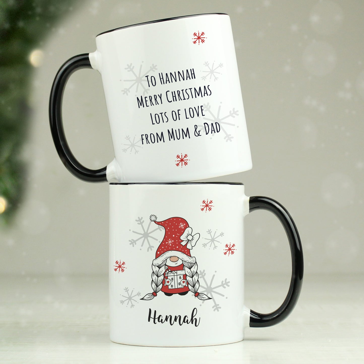 Personalised Gonk Family Black Handled Christmas Mug - Girl from Heartfelt Gifts