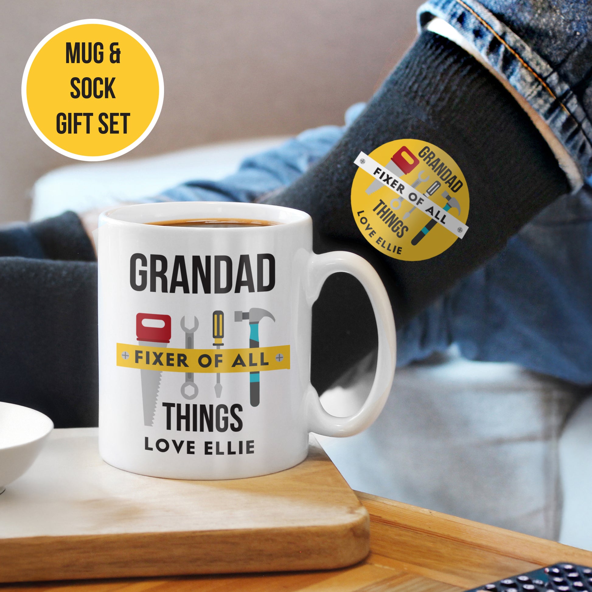 Personalised Fixer of All Things Mug and Socks Gift Set – Dad DIY Birthday Gift