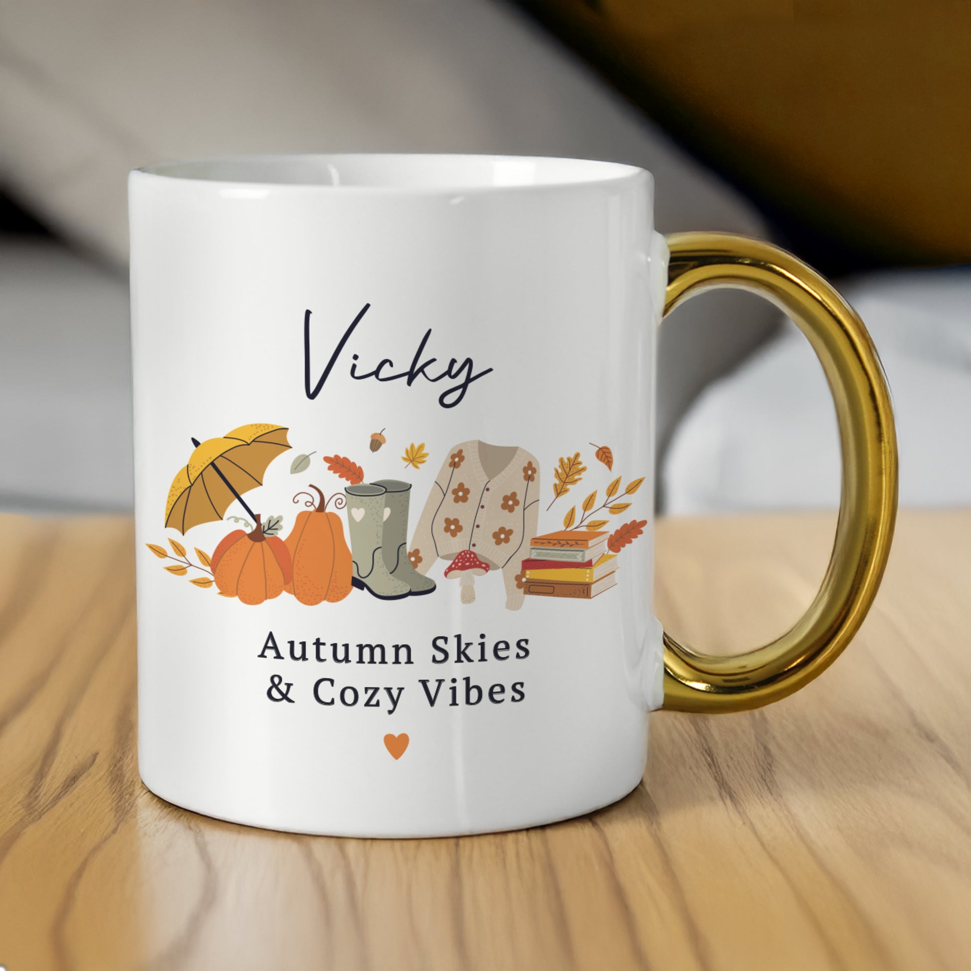 Personalised Autumn Gold Handled Ceramic Mug – Cosy Seasonal Birthday Gift