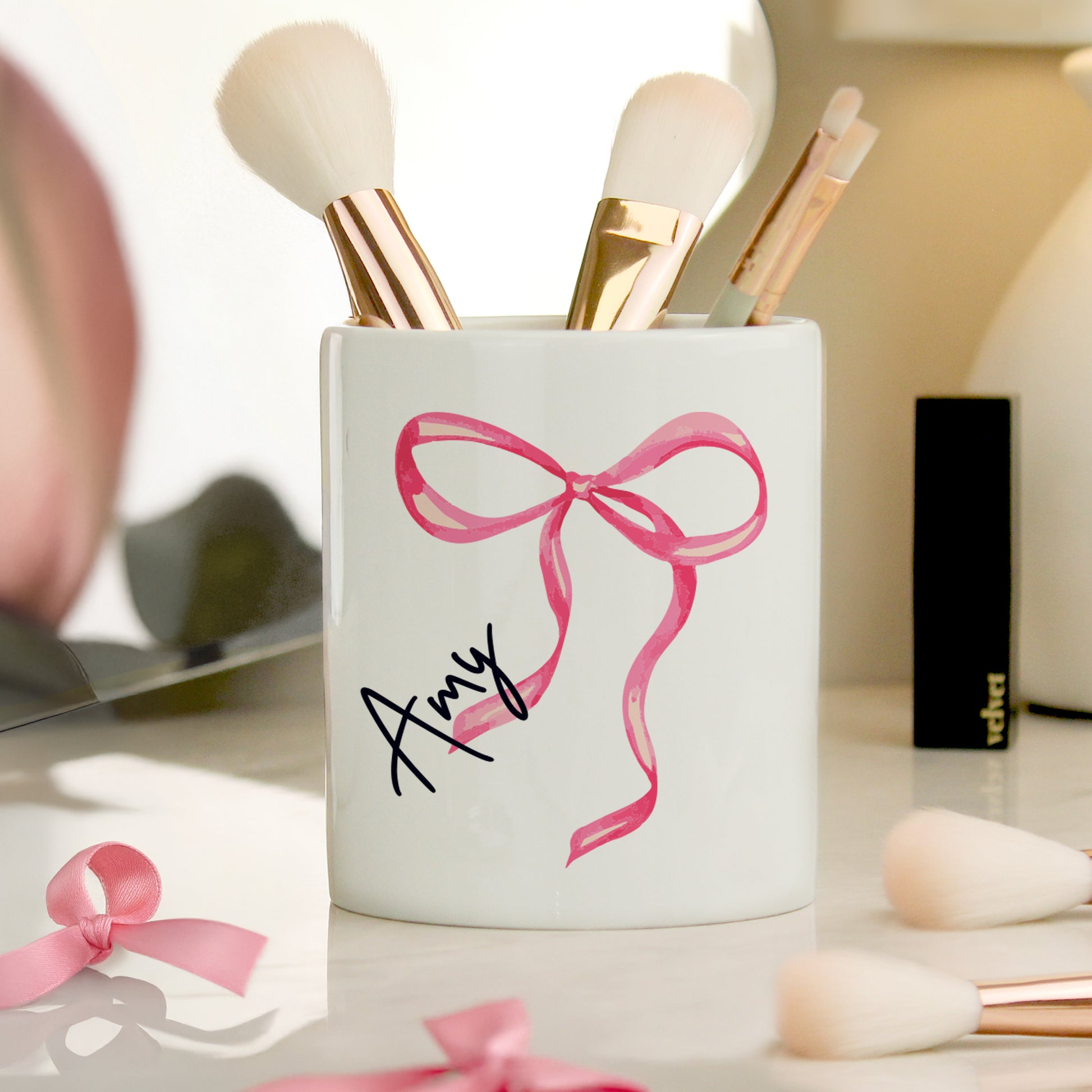 Personalised Bow Make Up Brush Holder – Vanity Birthday Gift for Her