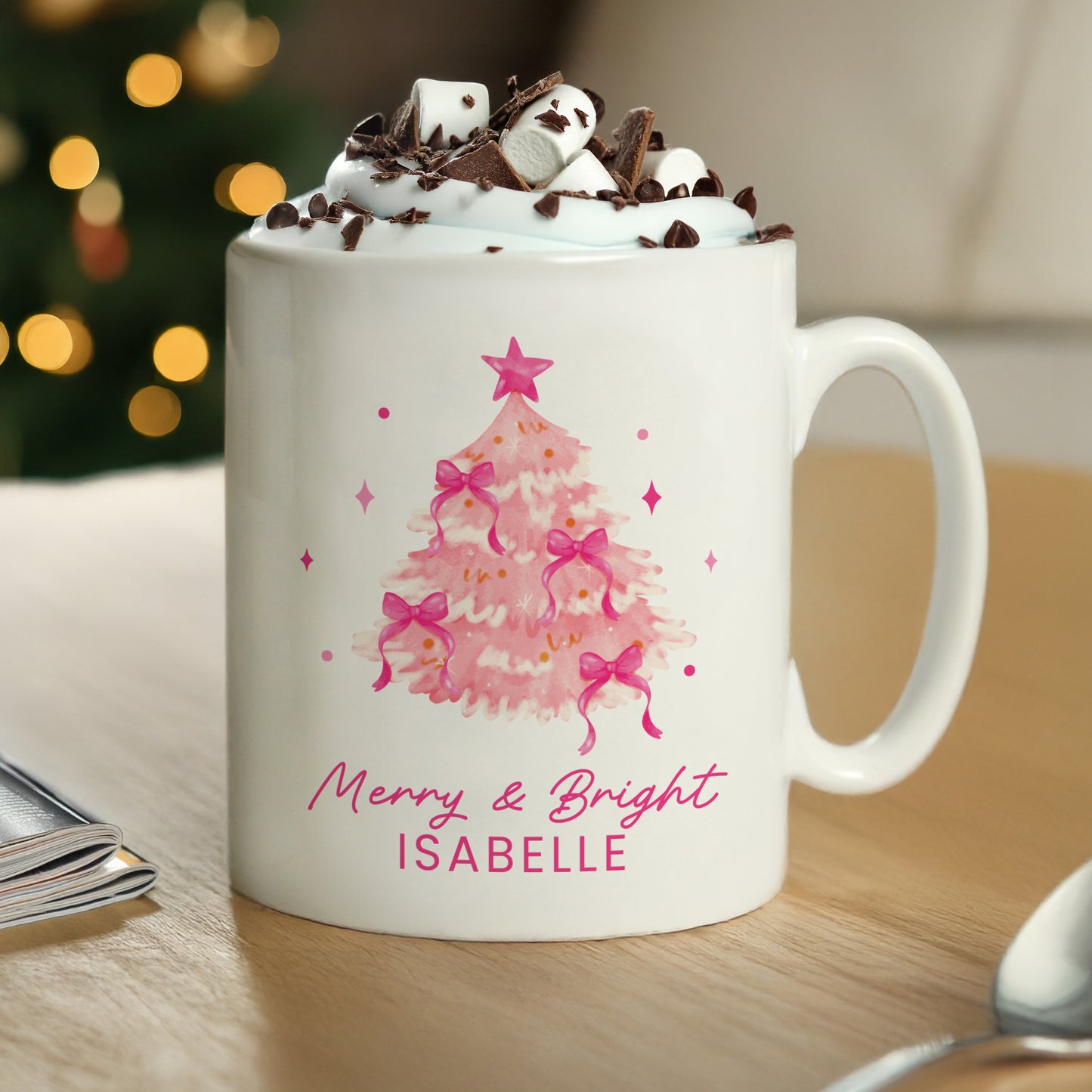 Personalised Pink Christmas Tree Mug – Girls Christmas Stocking Filler