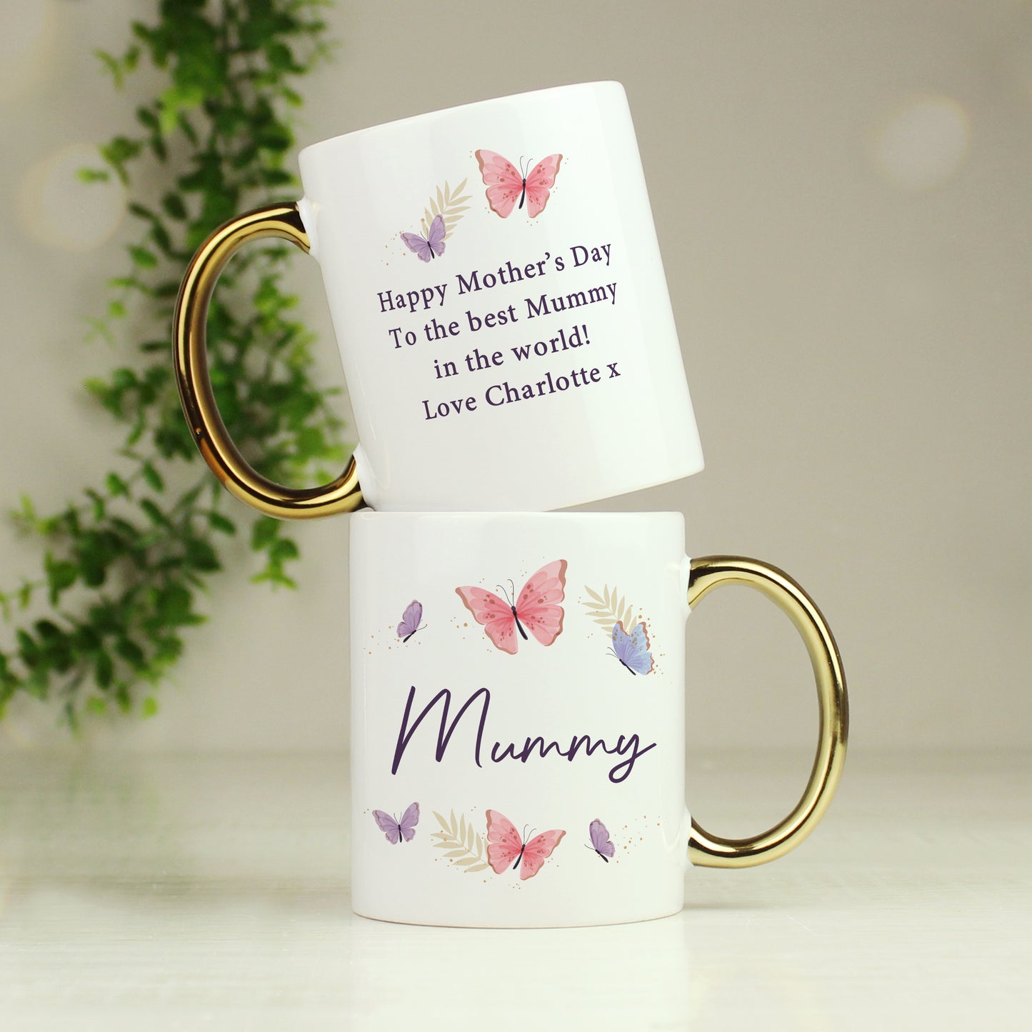 Personalised Butterfly Gold Handled Mug – Birthday Mother's Day Gift for Her