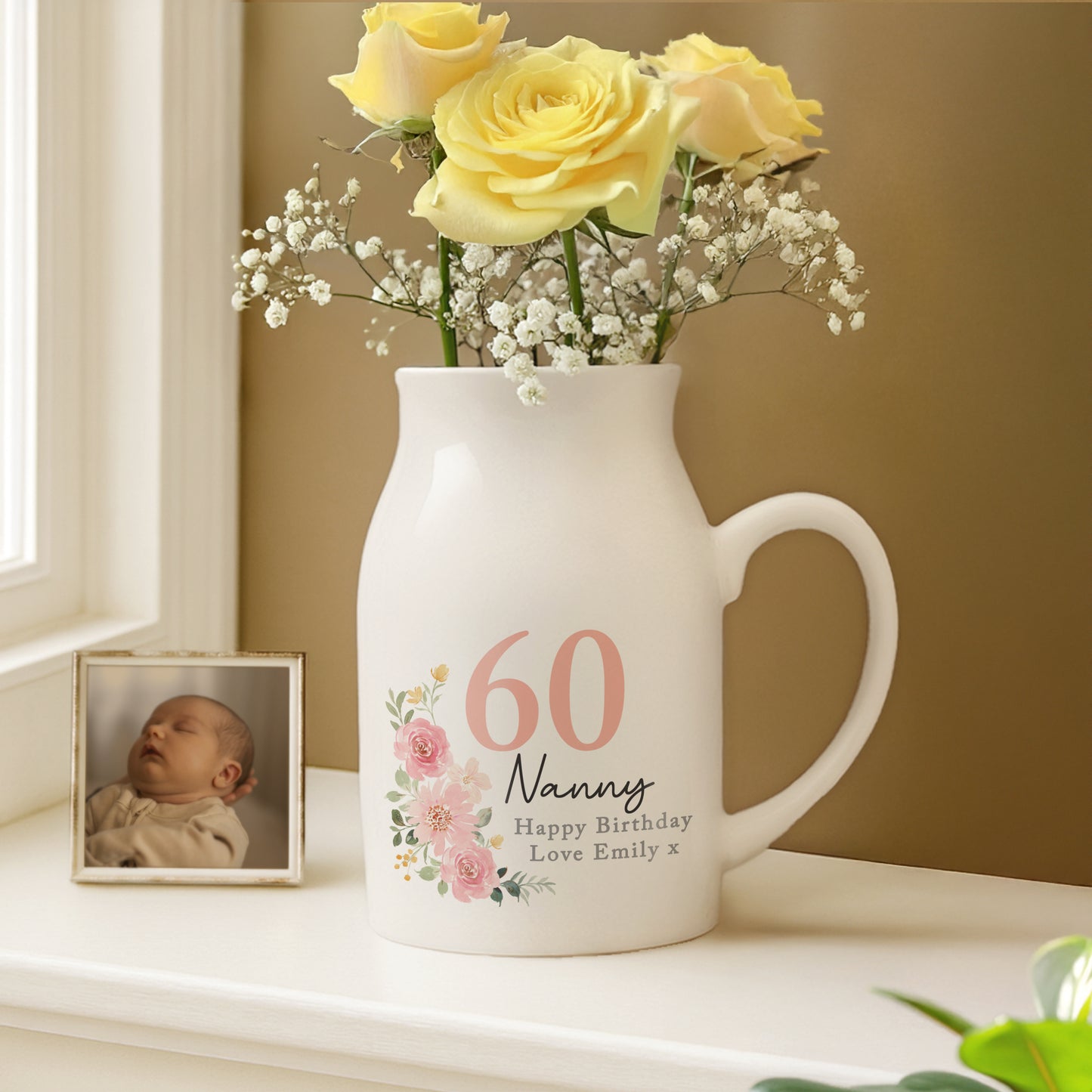 Personalised Floral Birthday Jug Vase – Birthday Gift for Flower Lovers