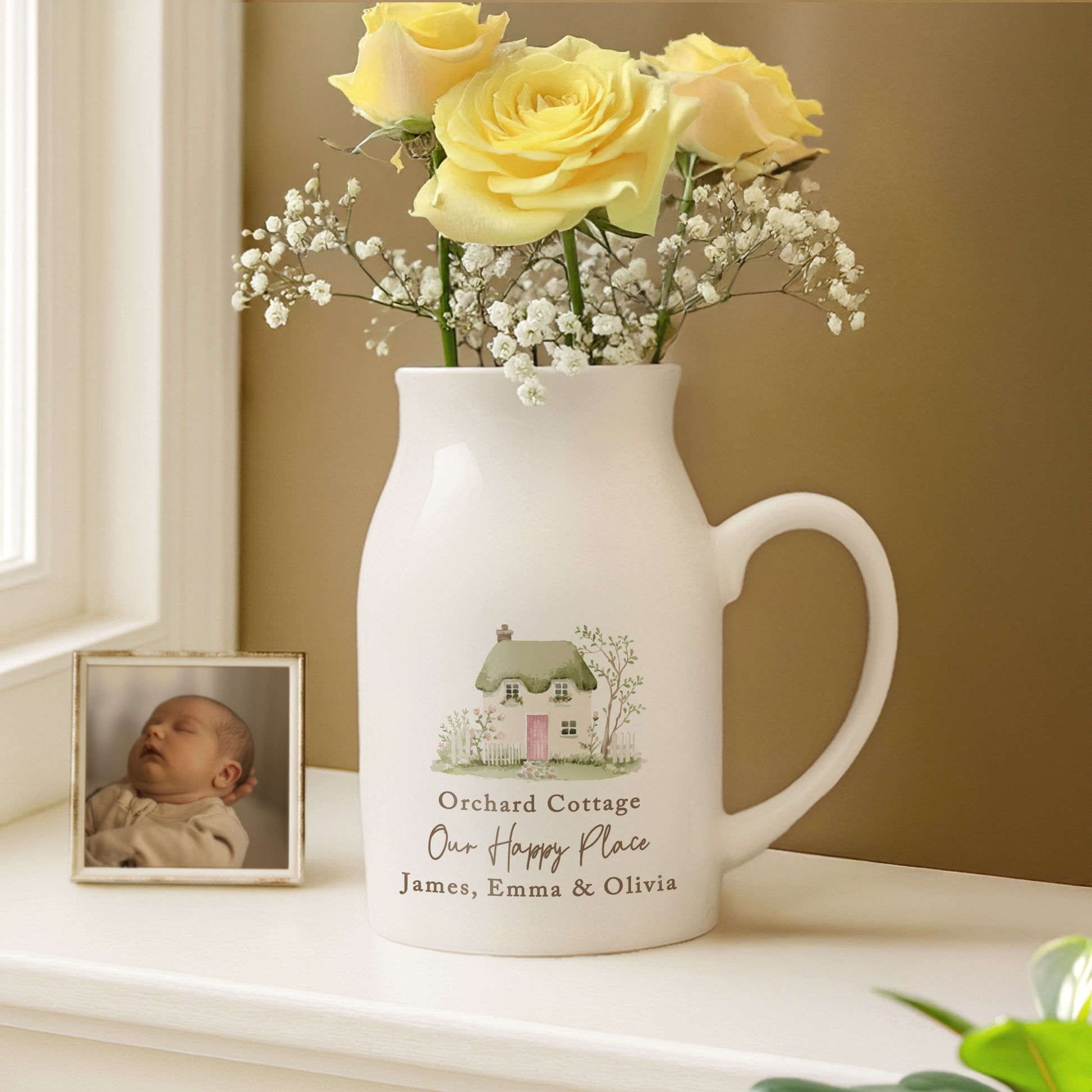 Personalised Country Cottage Jug Vase – Birthday Mother's Day Housewarming Gift