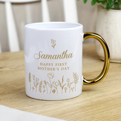 Personalised Floral Gold Handle Mug – Birthday Mother's Day Gift for Her