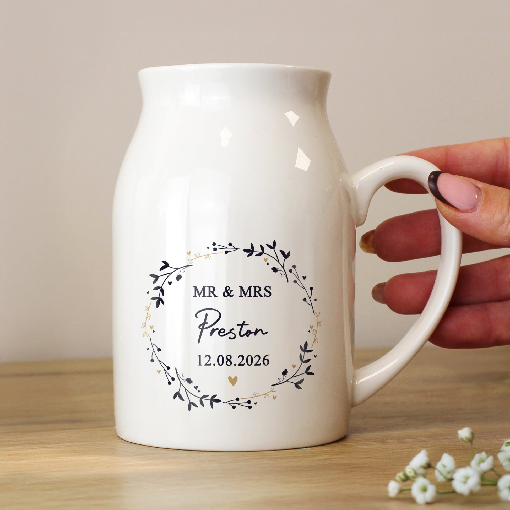 Personalised Black and Gold Wreath Jug Vase – Wedding Housewarming Gift - image 2