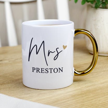 Personalised Mrs Gold Handle Mug – Wedding Teacher Gift