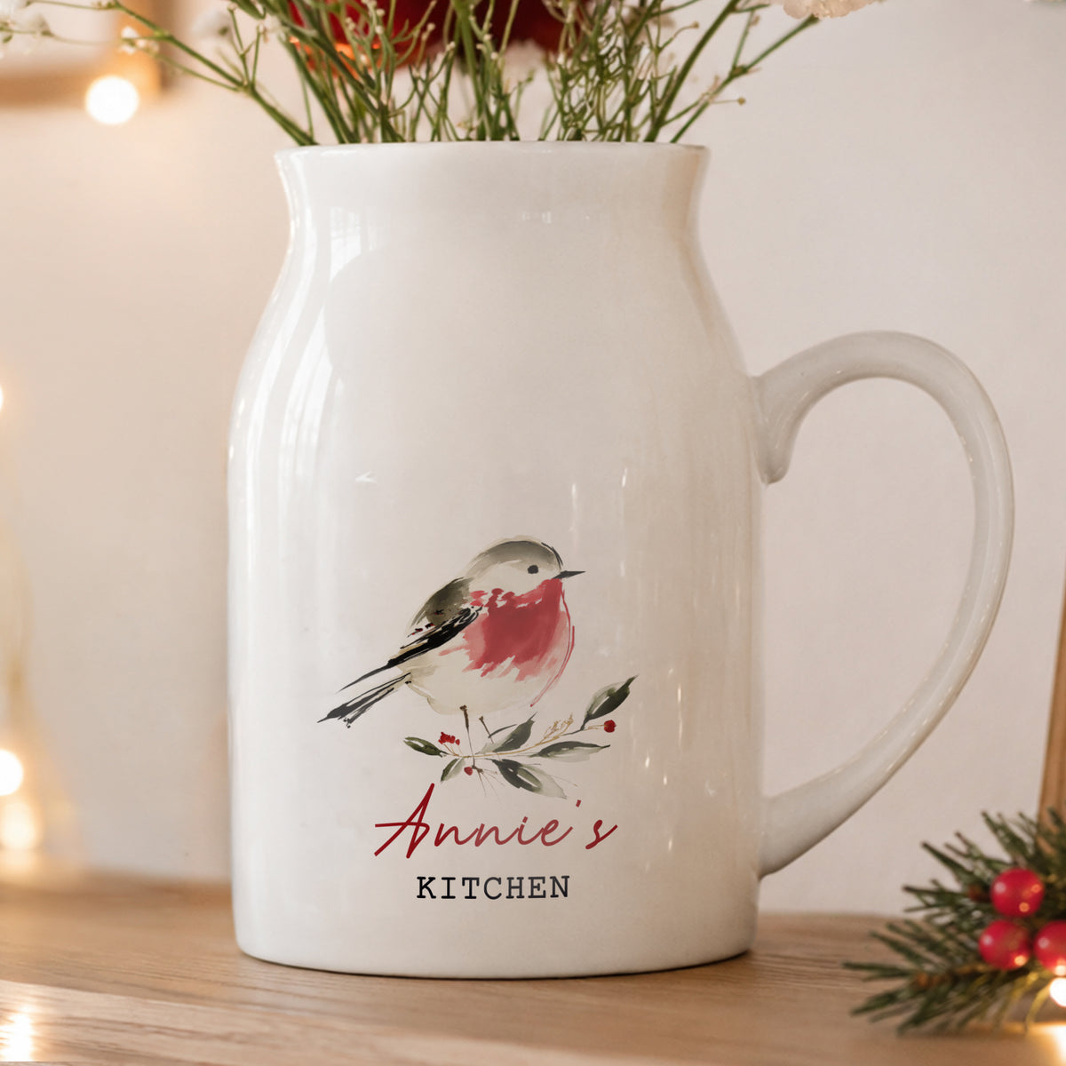 Personalised Christmas Robin Ceramic Jug Vase from Heartfelt Gifts