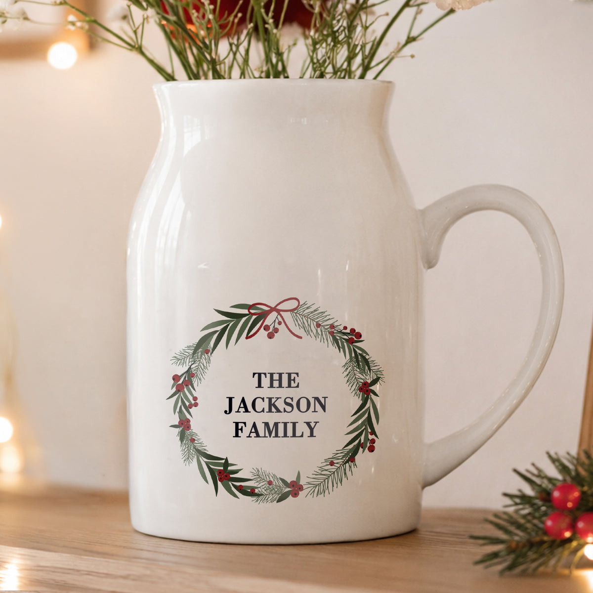 Personalised Green Christmas Wreath Ceramic Jug Vase from Heartfelt Gifts