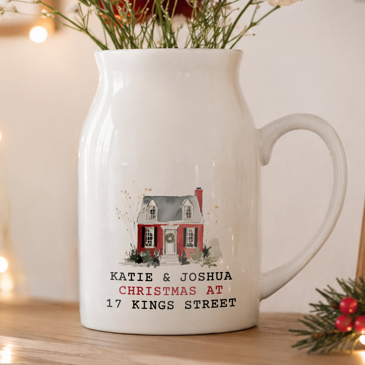 Personalised Water Colour Christmas House Ceramic Jug Vase from Heartfelt Gifts