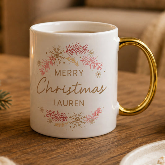 Personalised Pink & Gold Wreath Gold Handled Mug from Heartfelt Gifts