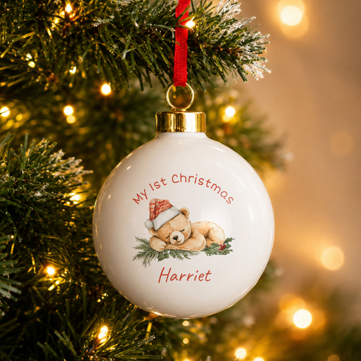 Personalised Sleepy Christmas Bear Ceramic Bauble from Heartfelt Gifts
