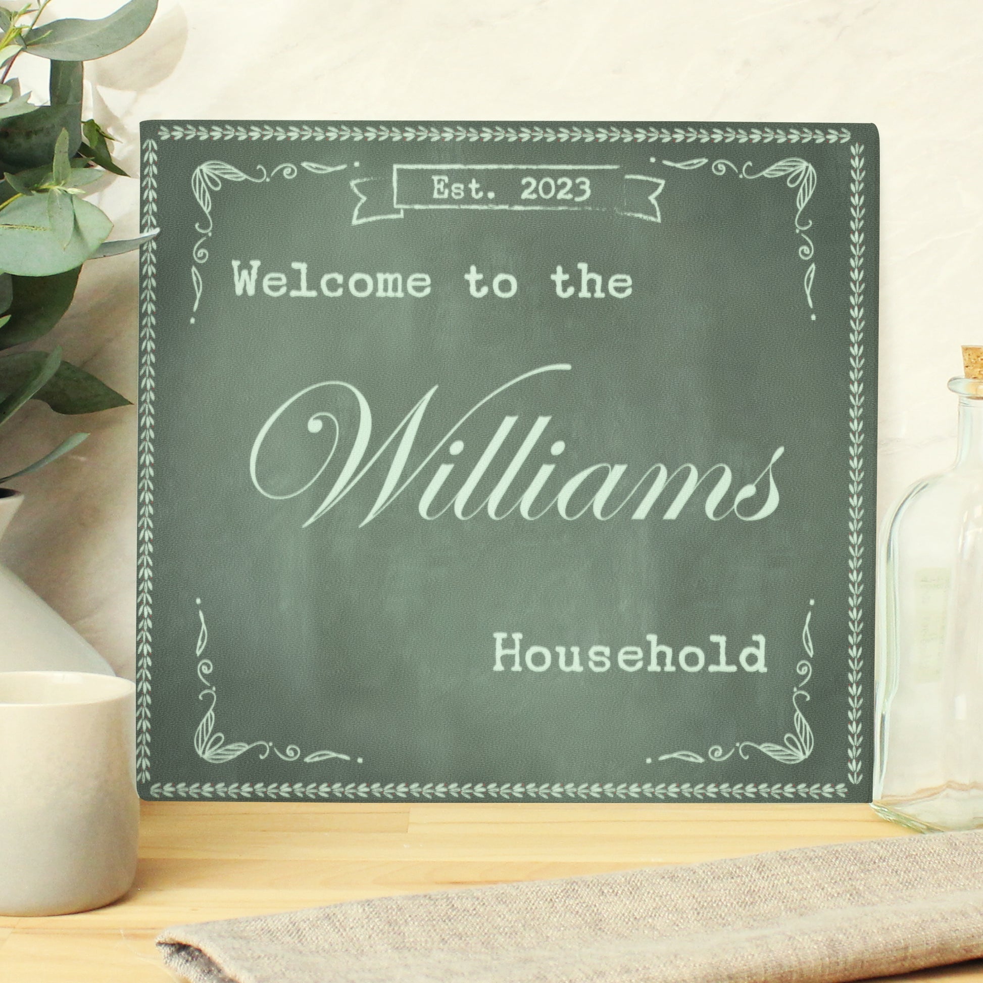 Personalised Family Chalk Glass Chopping Board/Worktop Saver from Heartfelt Gifts
