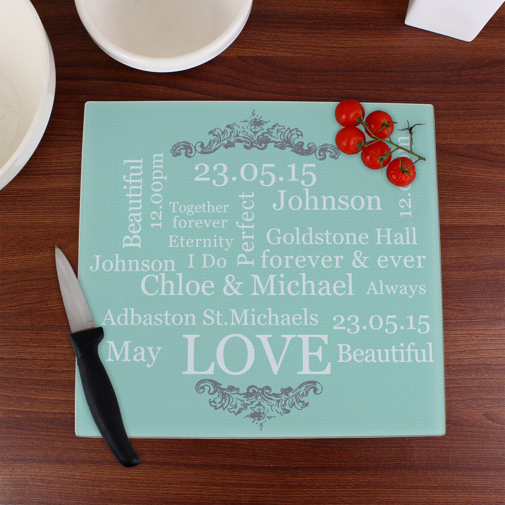 Personalised Typography Glass Chopping Board/Worktop Saver from Heartfelt Gifts