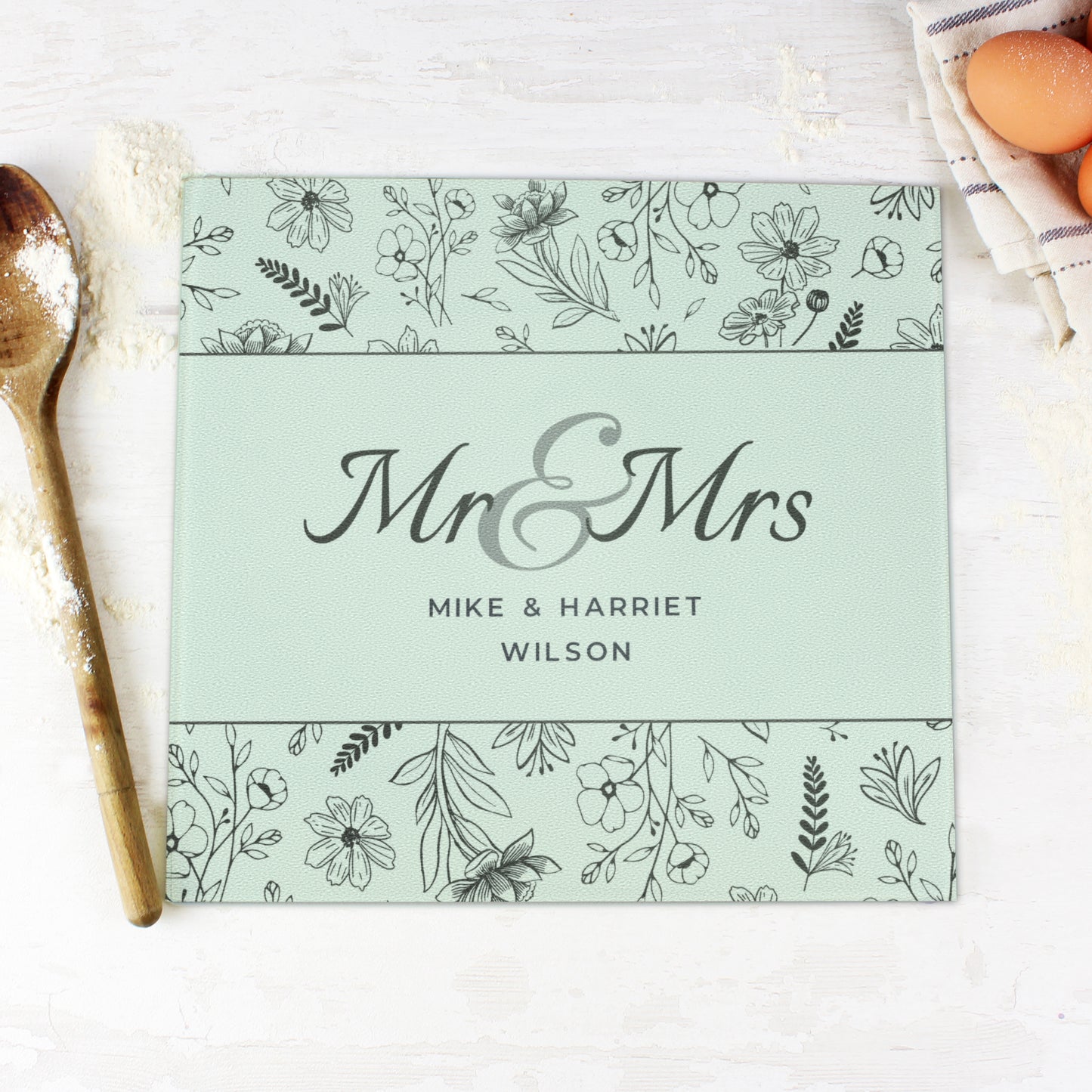 Personalised Mr & Mrs Botanical Glass Chopping Board/Worktop Saver from Heartfelt Gifts