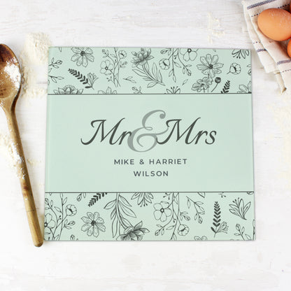Personalised Mr & Mrs Botanical Glass Chopping Board/Worktop Saver from Heartfelt Gifts