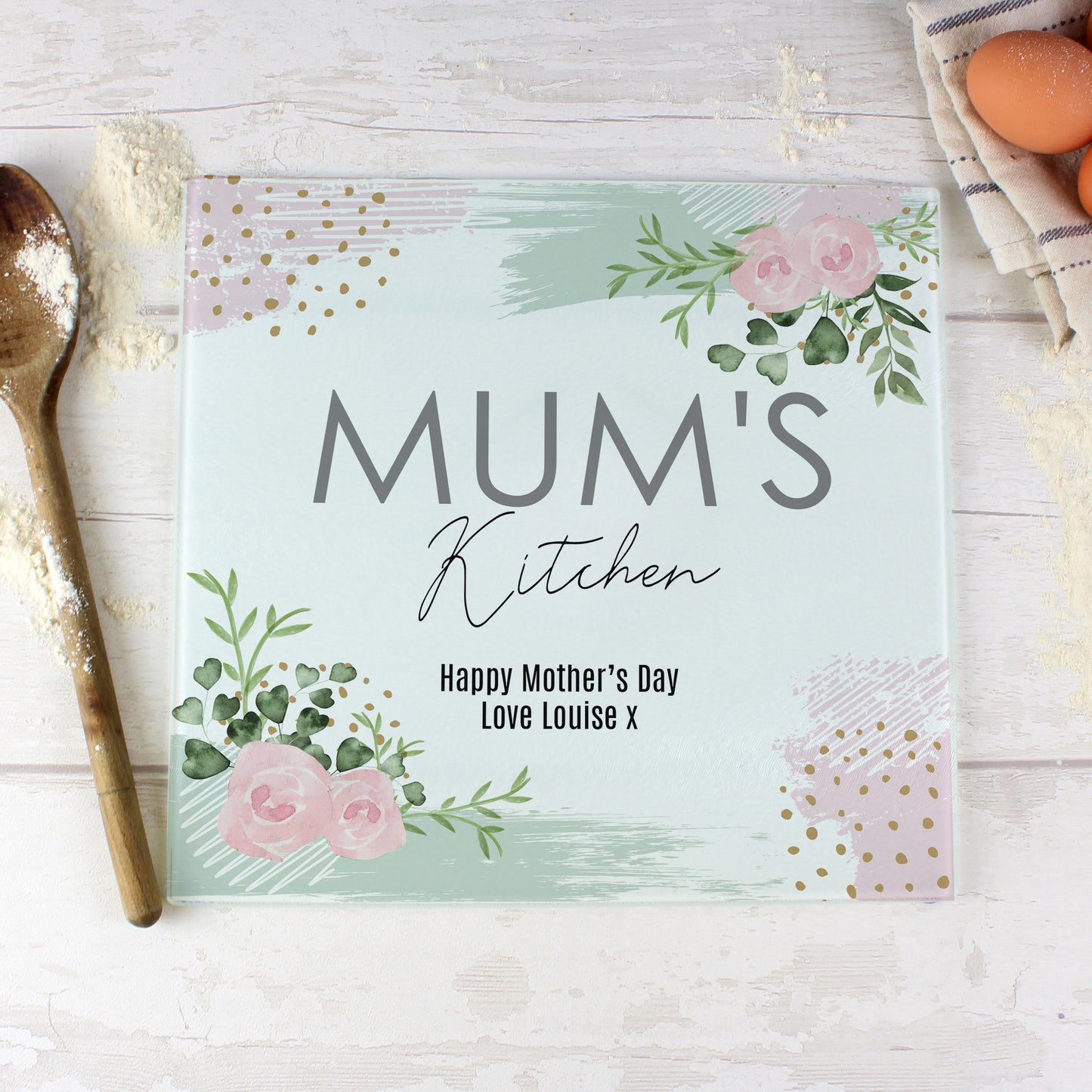 Personalised Abstract Rose Glass Chopping Board/Worktop Saver from Heartfelt Gifts