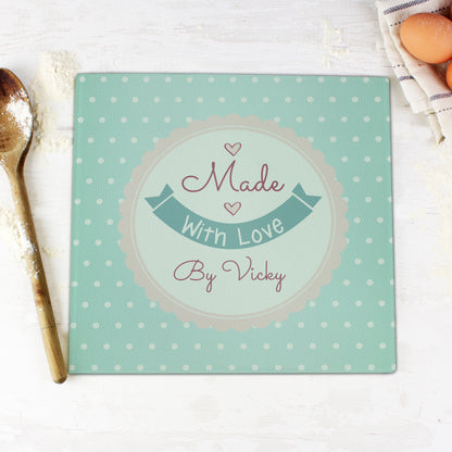 Personalised Made with Love Glass Chopping Board/Worktop Saver - image 2