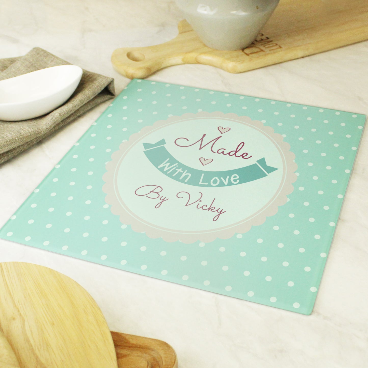 Personalised Made with Love Glass Chopping Board/Worktop Saver - image 4
