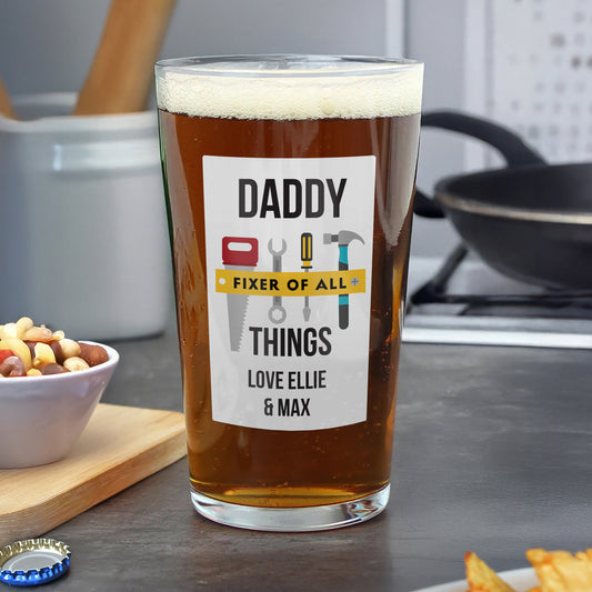 Personalised Fixer of All Things Printed Pint Beer Glass – Dad DIY Gift